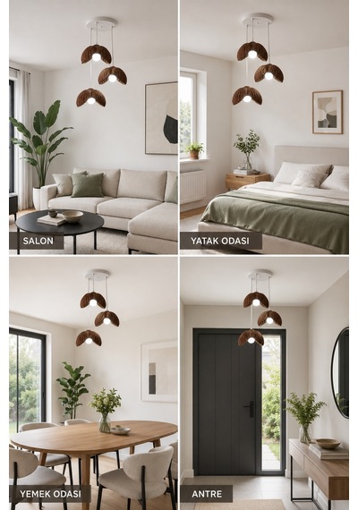 Lotus Çiçek Tasarım Üçlü Sarkıt Avize - Modern Tasarım Gece Lambası İç Dış Ortama Uygun - 25 Cm - Kahverengi