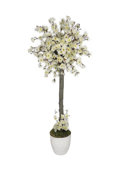 Yapay Ağaç Beyaz Bahar Dalı Japon Kiraz Çiçeği Beyaz Saksılı 90Cm