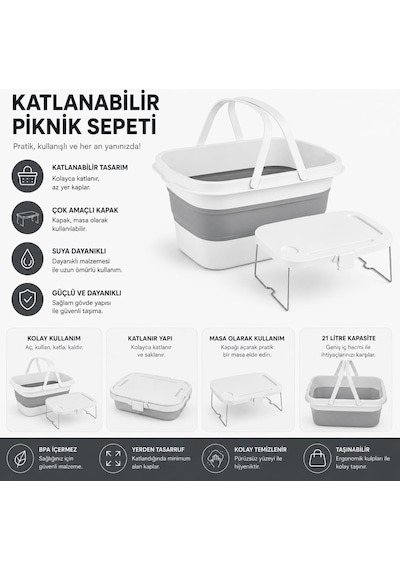 Katlanabilir Piknik Sepeti Ve Mini Masa Seti 21 Litre Kapasiteli Ergonomik Taşıma Kulplu Katlan