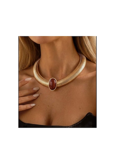 Lunarie Kalın Choker Kolye 14k Gold İri Oval Bordo Taşlı Vintage Altın