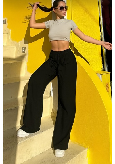 Trendy Mall Sofya Keten Bol Kesim Pantolon Siyah Siyah