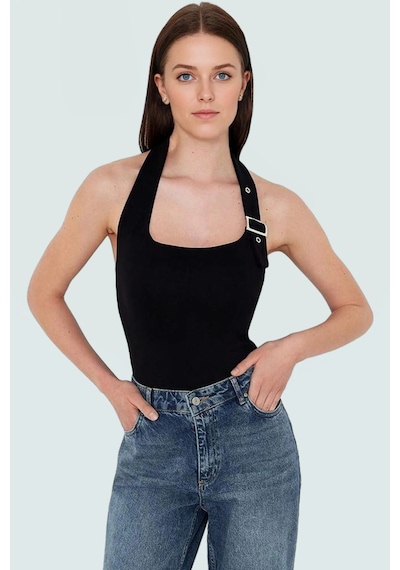 Ersefa Fitted Kalıp Viskoz Ribana Crop Bluz Boyundan Bağlamalı Yaka Günl siyah
