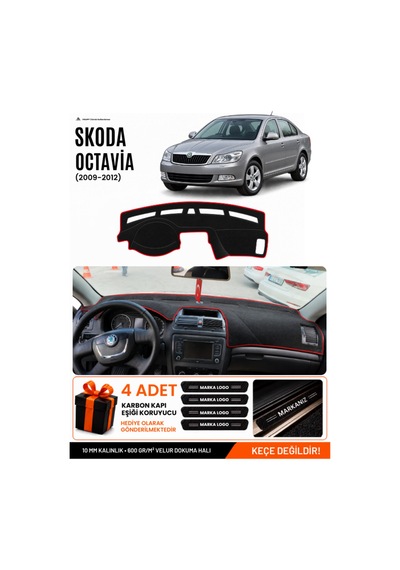 Skoda Octavia 2009-2012 Uyumlu Torpido Örtüsü, Torpido Kılıfı - Siyah Kırmızı