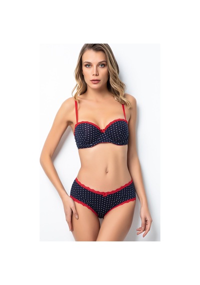 Miorre Push-Up Dolgulu Straplez Puantiyeli Sütyen Takım Lacivert