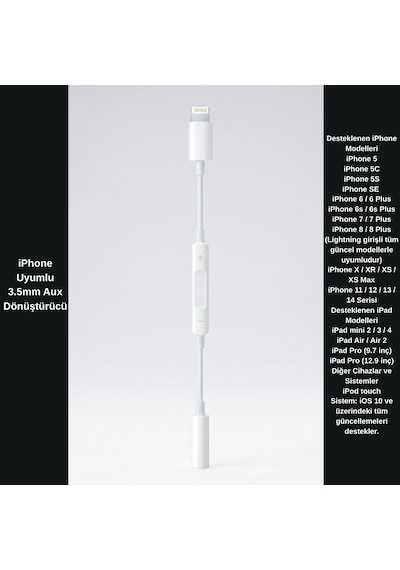 Apple Uyumlu iPhone  Lightning To 3.5mm Aux Kulaklık Dönüştürücü Adaptör - Müzik Ve Ses Kontrol Destekli