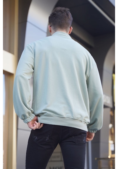 Madmext Mint Yeşili Fermuar Yakalı Nakışlı Sweatshirt 6026 Mint Yeşili
