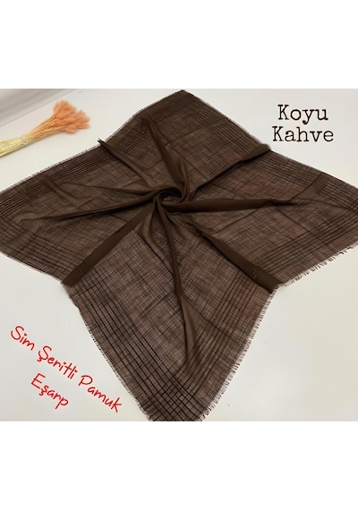 Melodi Scarf Kadın Simli Çizgili Düz Renk Eşarp Tülbent Yazma Koyu Kahve Koyu Kahve