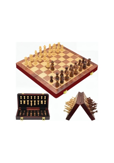 Lüks Doğal Ahşap Manyetik Satranç Takımı 29x29 Cm Katlanabilir Özel Yuvalı Premium Satranç Seti