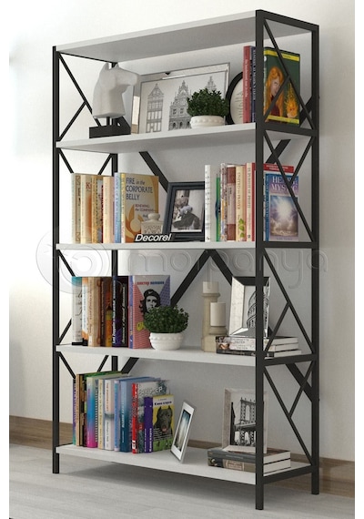 Morpanya Ural 5 Raflı Geniş Metal Kitaplık Dosya Kitap Rafı Ofis Salon Metal Raf 90x180 Siyah Beyaz