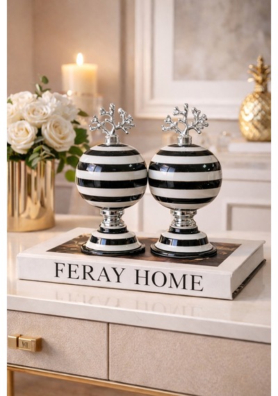 Dekoratif Obje - 2 Li Küre Siyah Zebra Gümüş