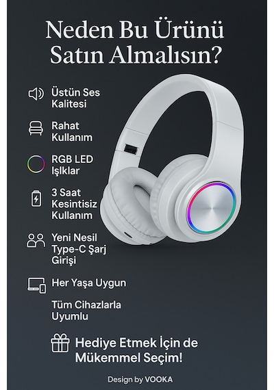 Rgb Işıklı Kablosuz Bluetooth Kulak Üstü Kulaklık Müzik, Oyun, Mikrofonlu, Katlanabilir