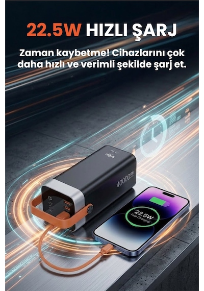 40.000 Mah Hızlı Şarj Powerbank Kamp Işığı Güçlü El Feneri Kablolu Göstergeli Taşınabilir Batarya Siyah