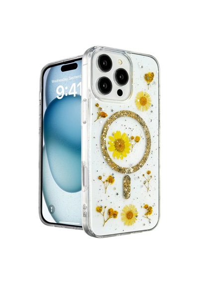 Newface Apple İphone 16 Pro Kılıf Daisy Simli Magsafe Kapak - Gold Beyaz