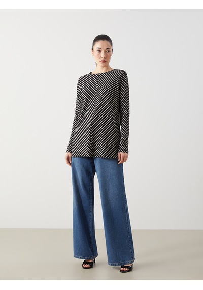 Lcwaıkıkı Classic Siyah Bisiklet Yaka Çizgili Oversize Kadın Tunik
