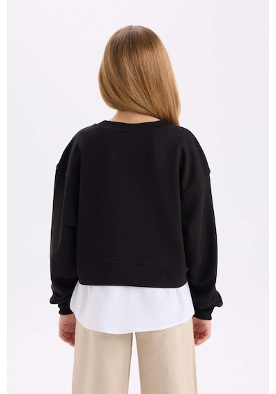 DeFacto Kız Çocuk Relax Fit Bisiklet Yaka Etek Ucu Detaylı Sweatshirt D0703A824AUBK81 Siyah