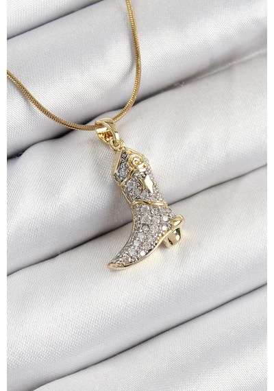 Çelik Zirkon Taşlı Çizme Model Gold Renk Kadın Kolye Çok Renkli