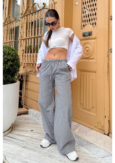 Madmext Siyah Beli Ayarlanabilir Ekoseli Bol Paça Kadın Pantolon Mg2335 Siyah