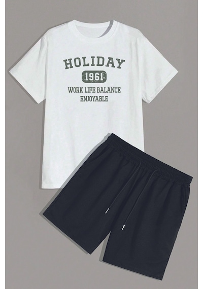 Uyguntarz Unisex Holiday Baskılı Şort Takım Beyaz