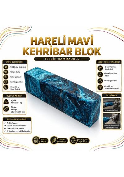 Blok Kehribar - Renkli Hareli Blok Lar - Mavi Hareli