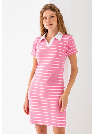 Giysa Kadın Polo Yaka Kısa Kollu Çizgili Elbise Pembe Beyaz - 25538 Pembe - Beyaz