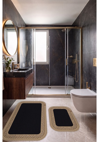 Banyo Paspası Takımı 70x110+50x70 Cm İç Trikot Siyah & Hasır