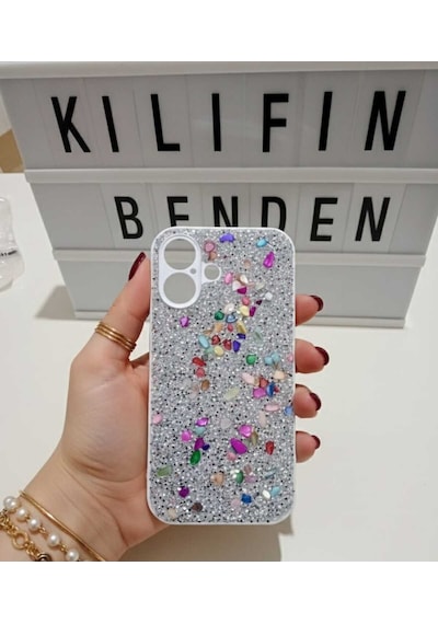 Apple Uyumlu iPhone 16 Taşlı Simli Kılıf Modeli Gümüş