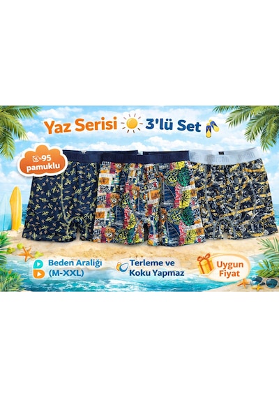 Mercan 3'lü Pamuklu Boxer - Yazı Hisset, Terleme Ve Koku Yapmaz Çok Renkli