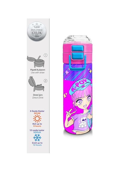Coral High Kids Mor Pembe Mavi K-popdesenli Pipetli Ve Direkt İçim Çelik Termos 500 Ml 31831 Mor - Lila