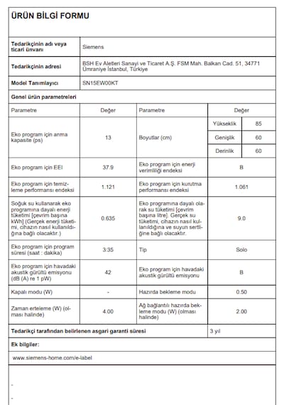 SIEMENS SN15EW00KT 6 Programlı 13 Kişilik Bulaşık Makinesi