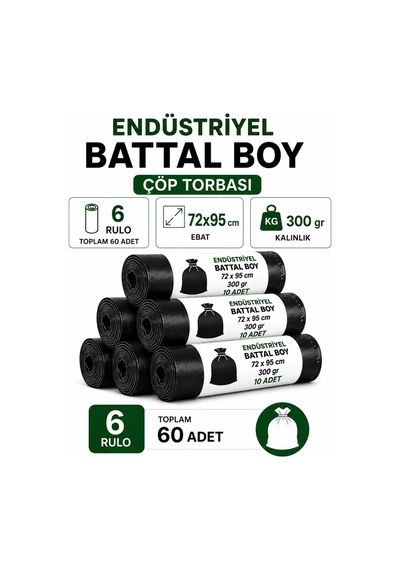 Battal Boy Sızdırmaz Endüstriyel Çöp Poşeti 72 x 95 CM 6 Rulo 60 Adet 300 G Ekstra Dayanıklı