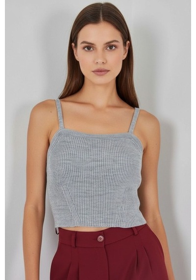 Hiccup Bdart Kare Yaka Ribana Örgü Crop Top Gri