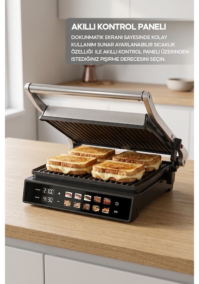 Sinbo SSM-2597 2000 W 10 Ön Ayarlı Dijital Ekranlı Sıcaklık Ve Zaman Göstergeli Döküm Plakalı Izgara Ve Tost Makinesi