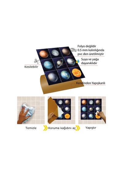 Tink Kendinden Yapışkanlı Renkli Gezegen Desenli Pvc Karo 30x30 Cm