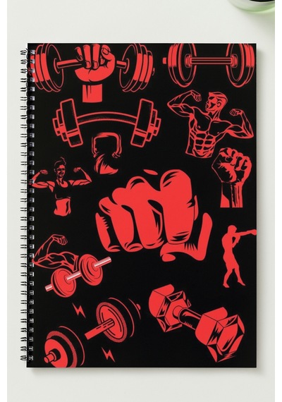 Gym A5 Metal Spiralli Çizgisiz Kalın Bristol Kapak Gym Defter Kırmızı - Siyah