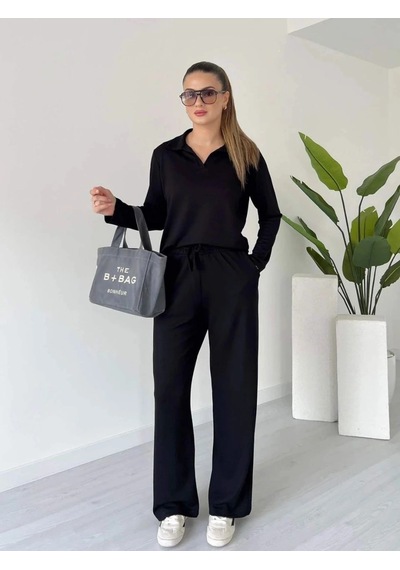 Defymoda Polo Yaka Alt Üst Kollu Modal Takım Siyah Pt Siyah