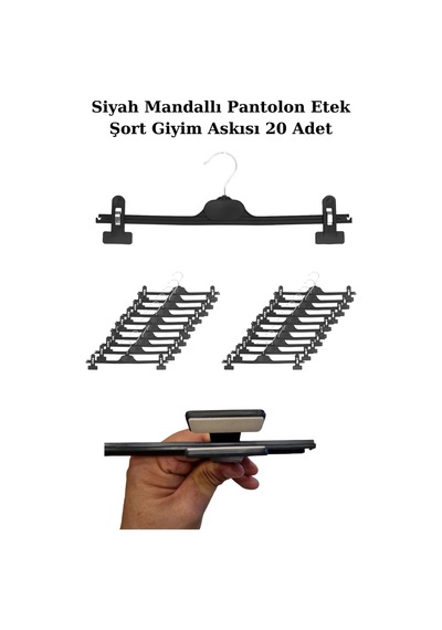 Pantolon Etek Askısı Plastik 38 Cm Siyah Mandallı Giyim Askısı 20 Adet Diğer