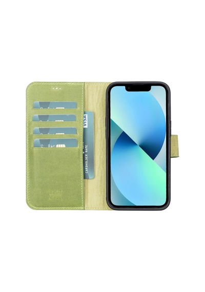 Apple Uyumlu iPhone 13 Pro Deri Cüzdanlı Kılıf Antik Yeşil