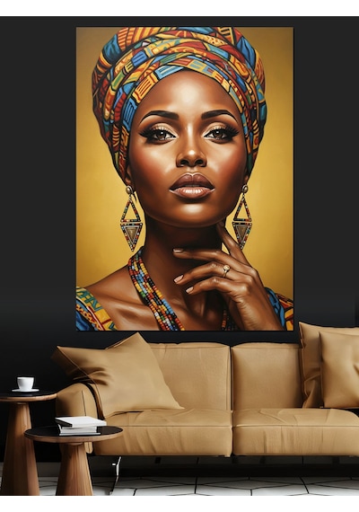 Ahşap Tablo Etnik Desenli Başlıklı Afrikalı Kadın Portresi Sarı Fon