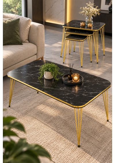 Sulorahome Siyah Ve Gold Metal Ayaklı 4'lü Sehpa Seti Altın - Siyah