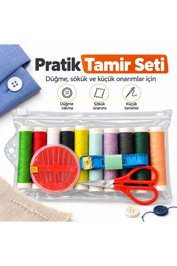 Şeffaf Fermuarlı Dikiş Seti 10 Renk İplik İğne Makas Mezura Seyahat Seti
