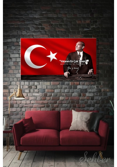 Türk Bayrağı Motifi Gazi Mustafa Kemal Atatürk Portresi Ve Bir Özlü Sözü Yatay Kanvas Tablo 4181 Çok Renkli