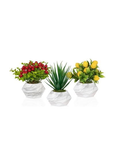 3’Lü Set Mermer Görünümlü Saksıda Yapay Bitkiler Limon Aloevera K