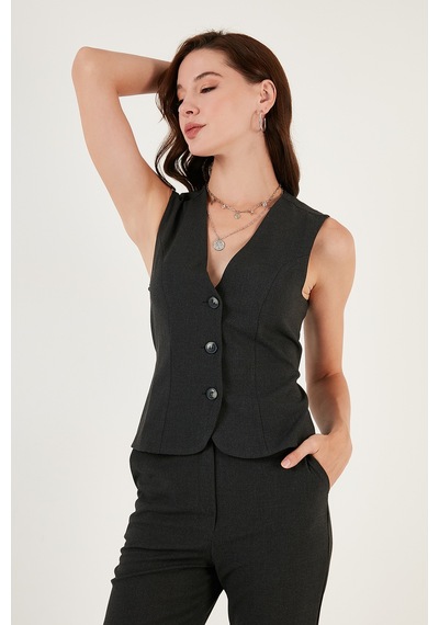 Lela Fitted-Vücuda Oturan Astarlı Klasik Dokuma Bayan Yelek 611Yl030W4 Koyu Gri
