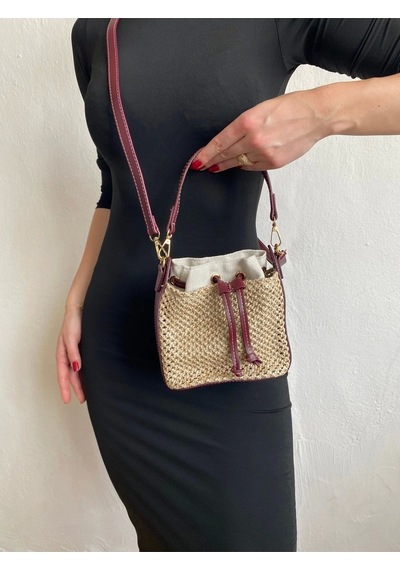 Glemix Maria Hasır Bordo Büzgü Kapama Kova Model Mini Kadın Omuz Çantası Hasır Bordo
