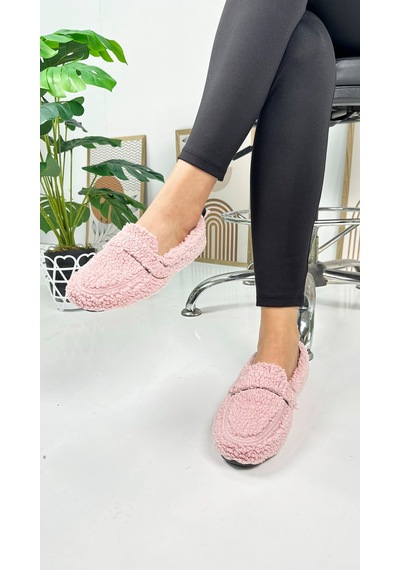 Günlük Kadın Loafer Peluş Astarlı Oval Burunlu Alçak Desenli Tabanlı Ayakkabı 375 Pudra