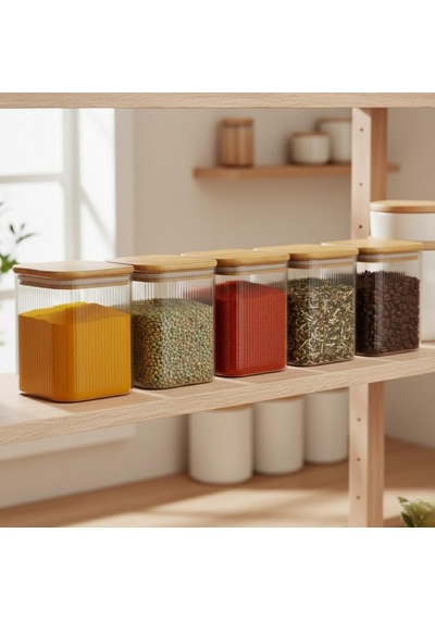 Bambu Kapaklı Kare Cam Kavanoz 350 Ml, Sızdırmaz Contalı, Şeffaf Çizgili Tasarım, Çok Amaçlı Saklama Kabı Çok Renkli