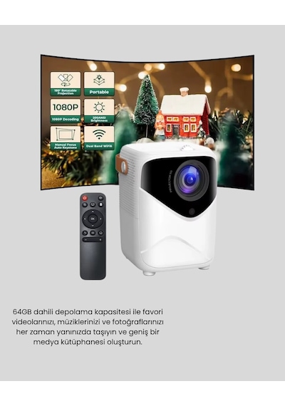 Taşınabilir 1080p Hd Akıllı Projektör 64gb Dahili Hafıza 2gb Ram Uzaktan Kumandalı
