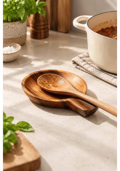 Atbyhome Akasya Ahşap Kaşık Altlığı 11.5 Cm - Ocak Yanı Tezgah Üstü Kirli Kaşıklık Kepçe Servis Tepsisi