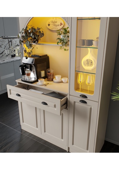 Siena Kum Beji Midi Sağ Vitrinli 130 Cm Komple Mdf Led Aydınlatmalı Kahve Köşesi