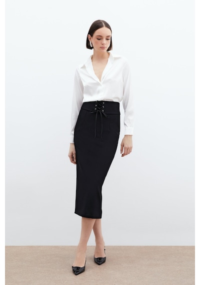 Sateen Bel Detaylı Kalem Etek - Siyah